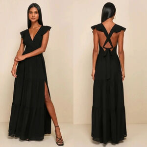 Lulu's Charming Success Black Tiered Lace-Up Backless Maxi Dress L Wedding Party